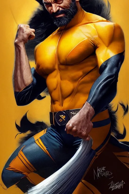 Image similar to Narendra Modi as Hugh Jackman Wolverine, claws are up, yellow X-man costume, Narendra Modi hairstyle and beardstyle, calm, grumpy, portrait, masculine figure, highly detailed, digital painting, artstation, concept art, smooth, sharp focus, illustration, cinematic lighting, art by artgerm and greg rutkowski and alphonse mucha