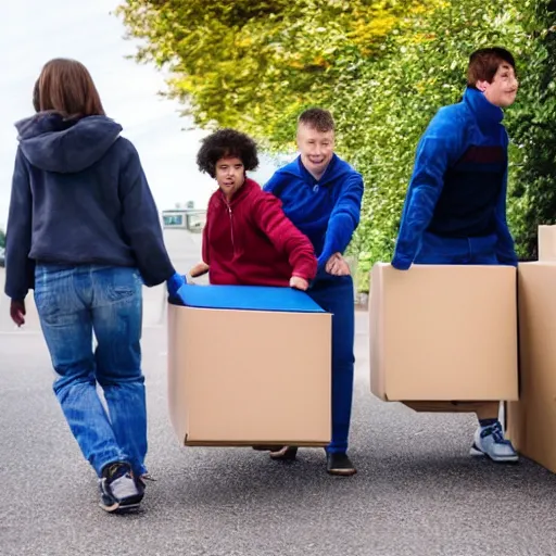 Image similar to 5 young disabled people with downsyndrome moving, they carry cardboard boxes