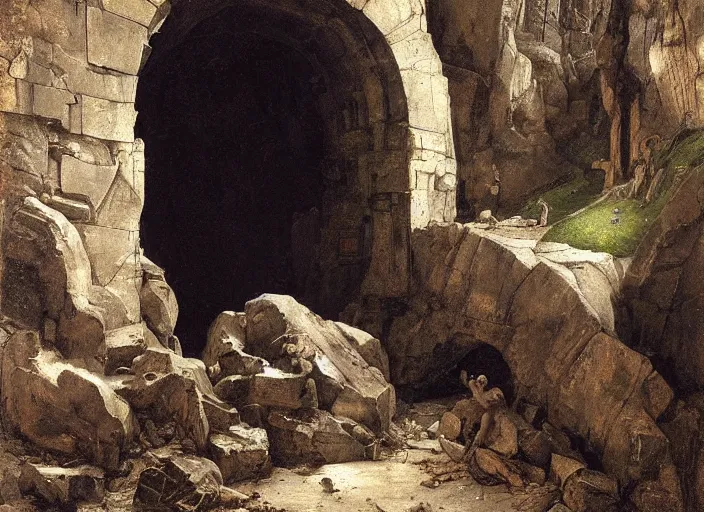 Image similar to underground cavern. fallen door. collapsed before the archway ( clearly once set in the arch ). heavy stone ( dark grey, pockmarked ). edgar maxence and caravaggio and michael whelan and delacroix style, artistic, intricate painting, cinematic lighting, hyper realistic, extremely detailed, vivid colors, establishing shot, dramatic lighting.