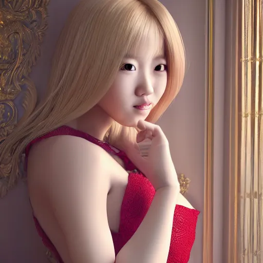 Image similar to portrait of a asian girl with blonde hair, in a fancy mansion, young cute beautiful face, wearing a expensive dress, detailed, 8 k, epic, charming, character, octane rendering, hyper realistic