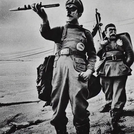 Prompt: historical photograph of mario and luigi during world war 2