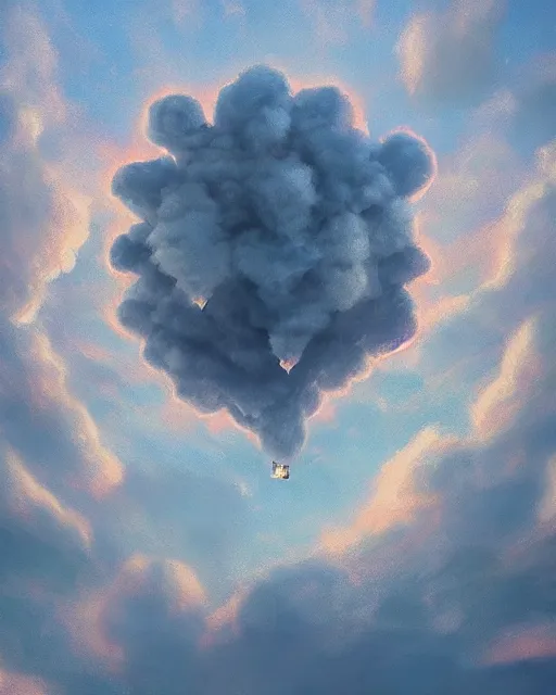 Image similar to flying cloud castle, buildings, baloons, atmosphere, glow, detailed, full of colour, cinematic lighting, trending on artstation, 4 k, hyperrealistic, extreme details, bright, blue sky, cloudy, fantasy, masterpiece, art by wylie beckert