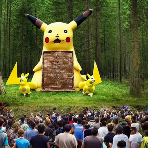 Image similar to photograph of a group of people worshipping a giant pikachu in a forest