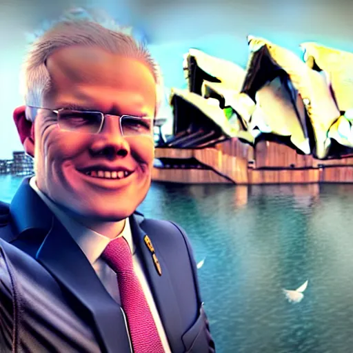 Image similar to Prime Minister Scott Morrison selfie by the Sydney Opera House, cinematic, hyper realism, high detail, vivid colors, octane render, unreal engine, 8k