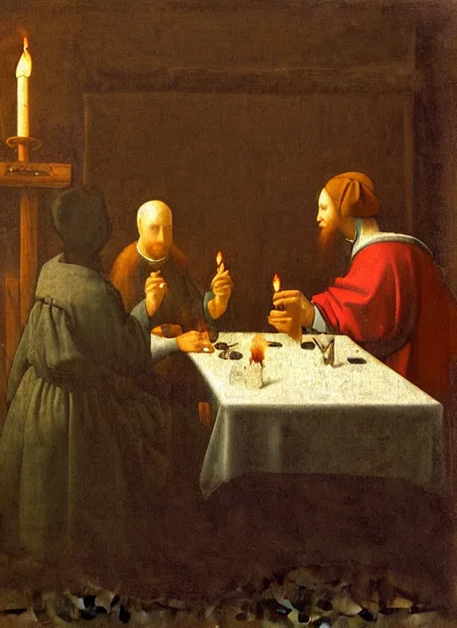 Image similar to a candlelit table at the inn, two people sitting at the table, swirling smoke, dark smoke, realistic, in the style of leonardo da vinci, dutch golden age, amsterdam, medieval painting by jan van eyck, johannes vermeer, florence