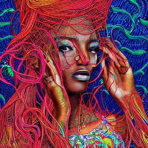 Image similar to the portrait of a beautiful and elegant young black woman made up of peppers, an ultrafine detailed illustration by james jean, intricate linework, bright colors, final fantasy, behance contest winner, vanitas, angular, altermodern, unreal engine 5 highly rendered, global illumination, radiant light, detailed and intricate environment