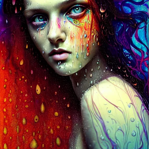 Prompt: face of girl in psychedelic LSD rain with wet hair and face, fantasy, intricate, elegant, dramatic lighting, intense emotion, highly detailed, lifelike, photorealistic, digital painting, artstation, concept art, smooth, sharp focus, illustration, art by John Collier and Albert Aublet and Krenz Cushart and Artem Demura and Alphonse Mucha