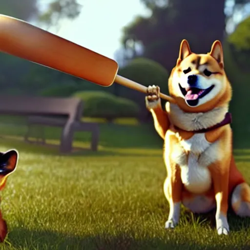 Image similar to weta disney pixar movie still photo of funny shiba inu with baseball bat : : dog by pixar : : giant sign that says bonk : : by weta, greg rutkowski, wlop, ilya kuvshinov, rossdraws, artgerm, octane render, iridescent, bright morning, anime, liosh, mucha : :