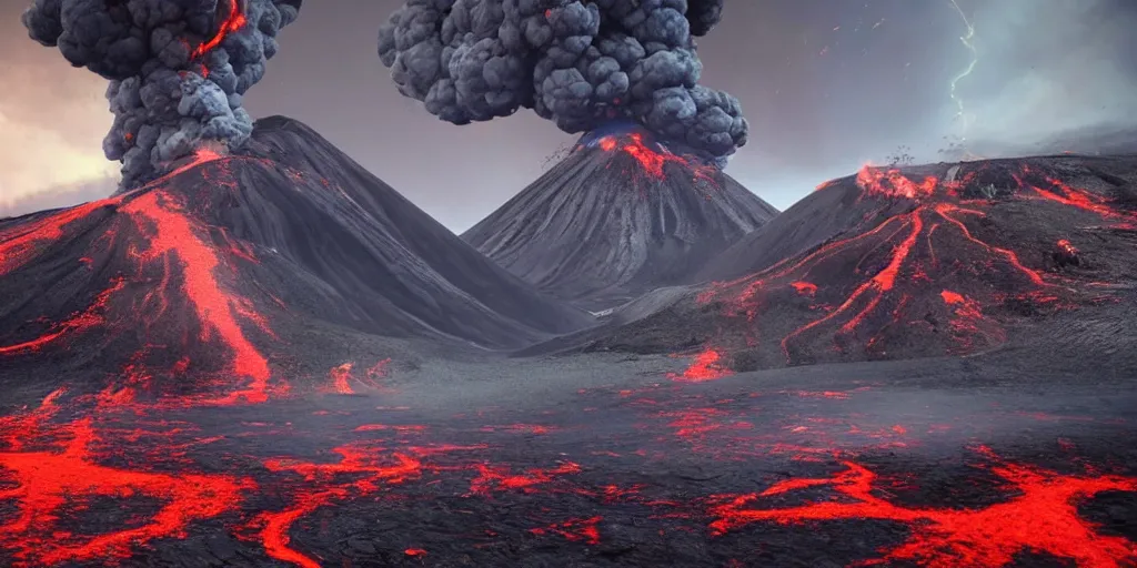 Image similar to stunning landscape, volcano eruption, 8 k uhd, unreal engine, octane render in the artstyle of kuindzhi