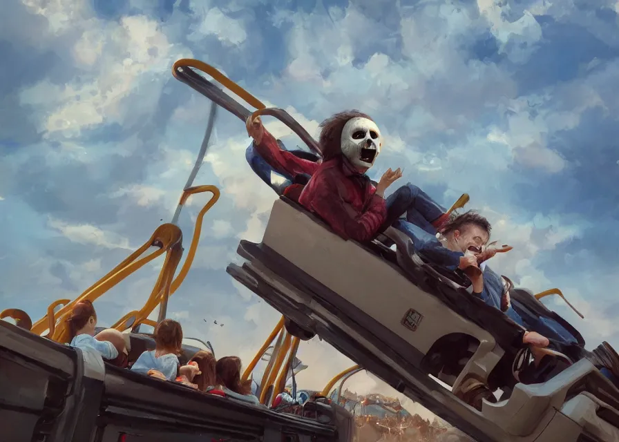 Prompt: portrait painting of Michael Myers having fun in a roller coaster, beautiful sky, sunny, happy, sharp focus, wide shot, trending on ArtStation, masterpiece, by Greg Rutkowski, by Ross Tran, by Fenghua Zhong, octane, soft render, oil on canvas, colorful, cinematic, environmental concept art