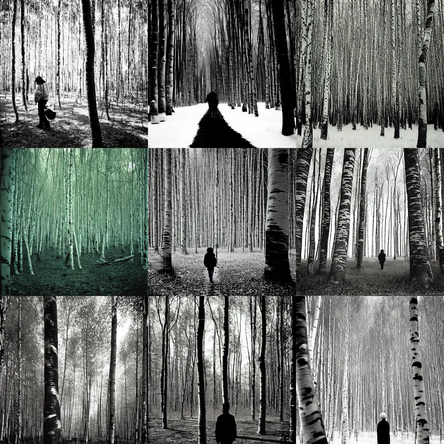 Prompt: traveler in a birch tree forest, by trent parke, overexposed, film grain