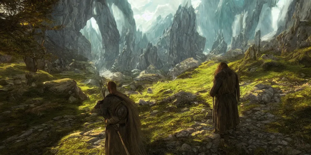 Image similar to VR gameplay screenshot of someone within J.R.R. Tolkien's Middle-Earth. Beautiful. Trending on Artstation. Lighting, colors, and shading by James Gurney.