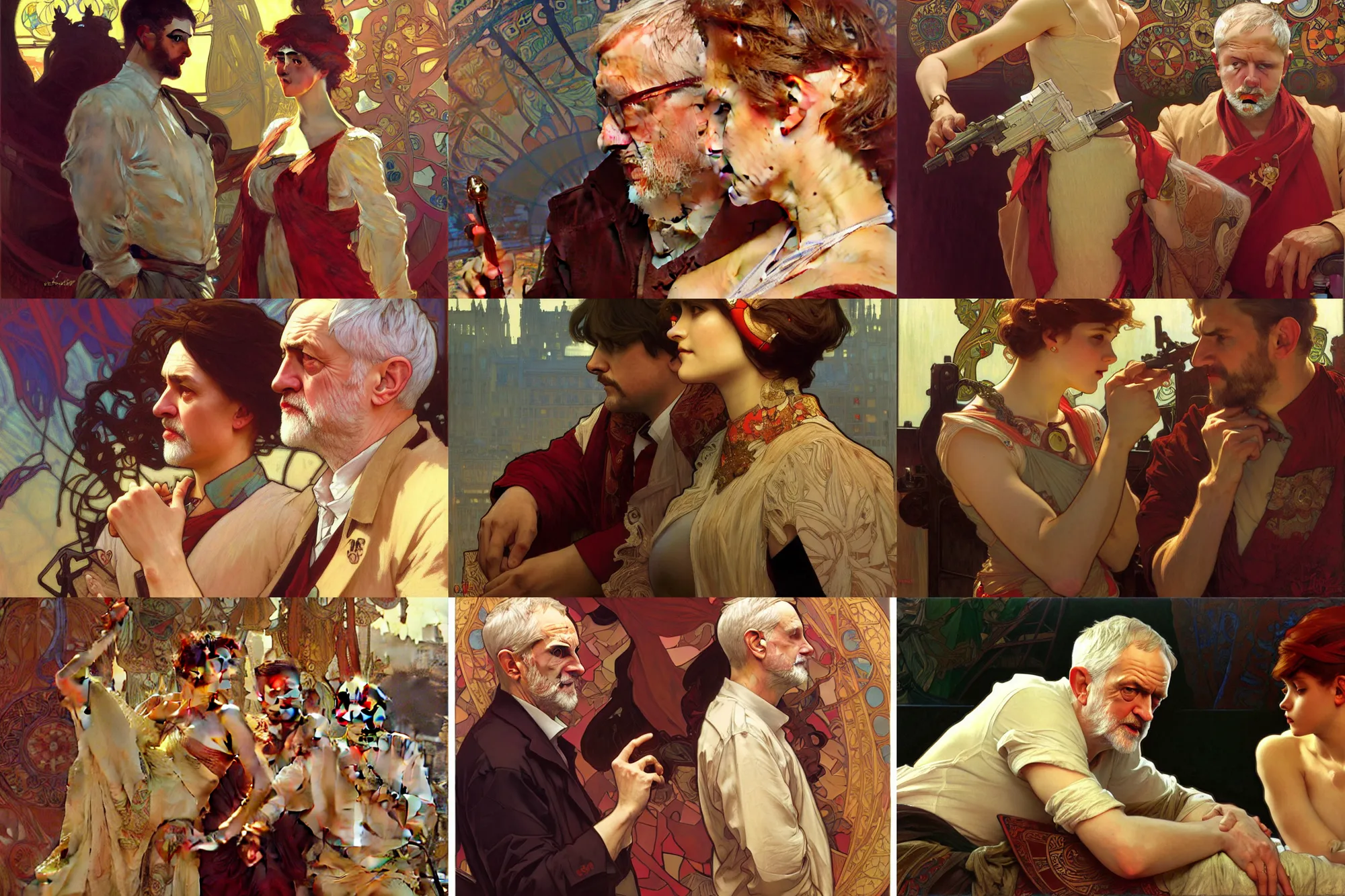 Prompt: jeremy corbyn, nier autoamata, highly detailed painting by ilya kuvshinov, alphonse mucha, gaston bussiere, craig mullins, j. c. leyendecker 8 k