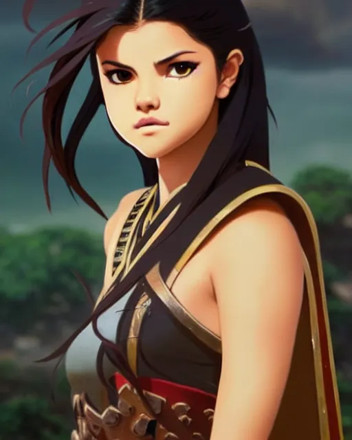 Prompt: selena gomez as an azctec warrior, detailed perfect face, exquisite details, fire magic, mid view, design on a white background, by studio muti, greg rutkowski makoto shinkai takashi takeuchi studio ghibli