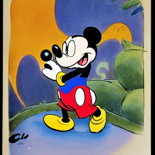 Prompt: mickey mouse is a monster, by carl barks, marc davis and glen keane, watercolor
