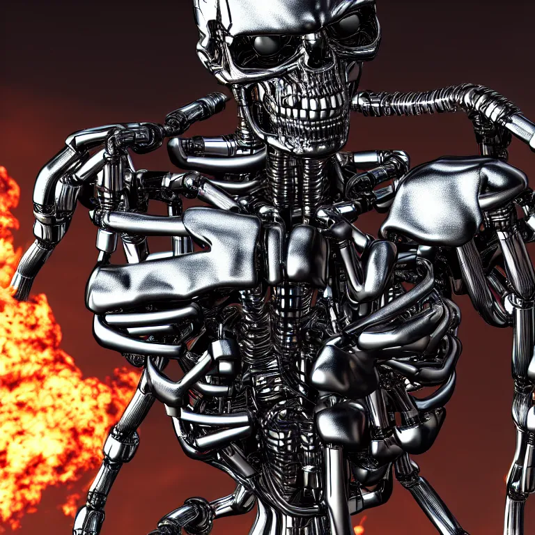 Image similar to terminator endoskeleton with four behind it, chrome, shiny, reflective, metallic, 3 d render, 3 d rendered, hdr, unreal engine 5, ray tracing, dramatic lighting, flame colors bright, high detail,