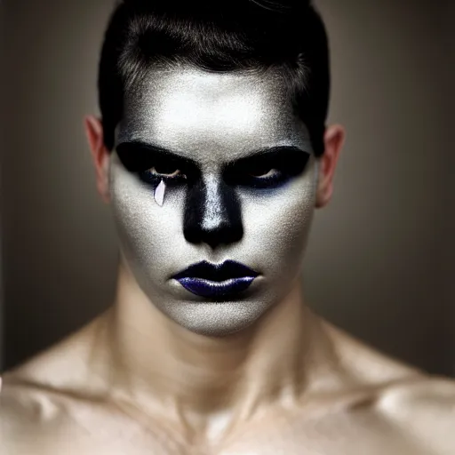 Image similar to a close up portrait of a beautiful athletic young persian male with his face covered in silver leaf , photographed by erwin olaf, artistic