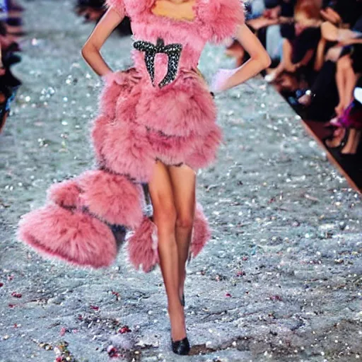 Prompt: fluffy kittens wearing fashion design gowns, meowing and down a paris runway catwalk, photographers with cameras mid flash, adorable kitten summer 2 0 4 3 collection