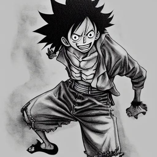 Prompt: Luffy (One Piece, 1997 ), artwork by kentaro miura, Kentaro Miura style, Berserk Style, High details, centered full body pose, zenith angle, dramatic lighting, concept, manga, black and white ink style, a lot of details with ink shadows