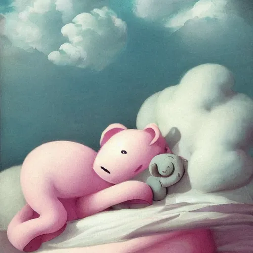 Image similar to “falling asleep with cute elephants made from clouds, illustration, detailed, smooth, pink white and green, by adolf lachman”