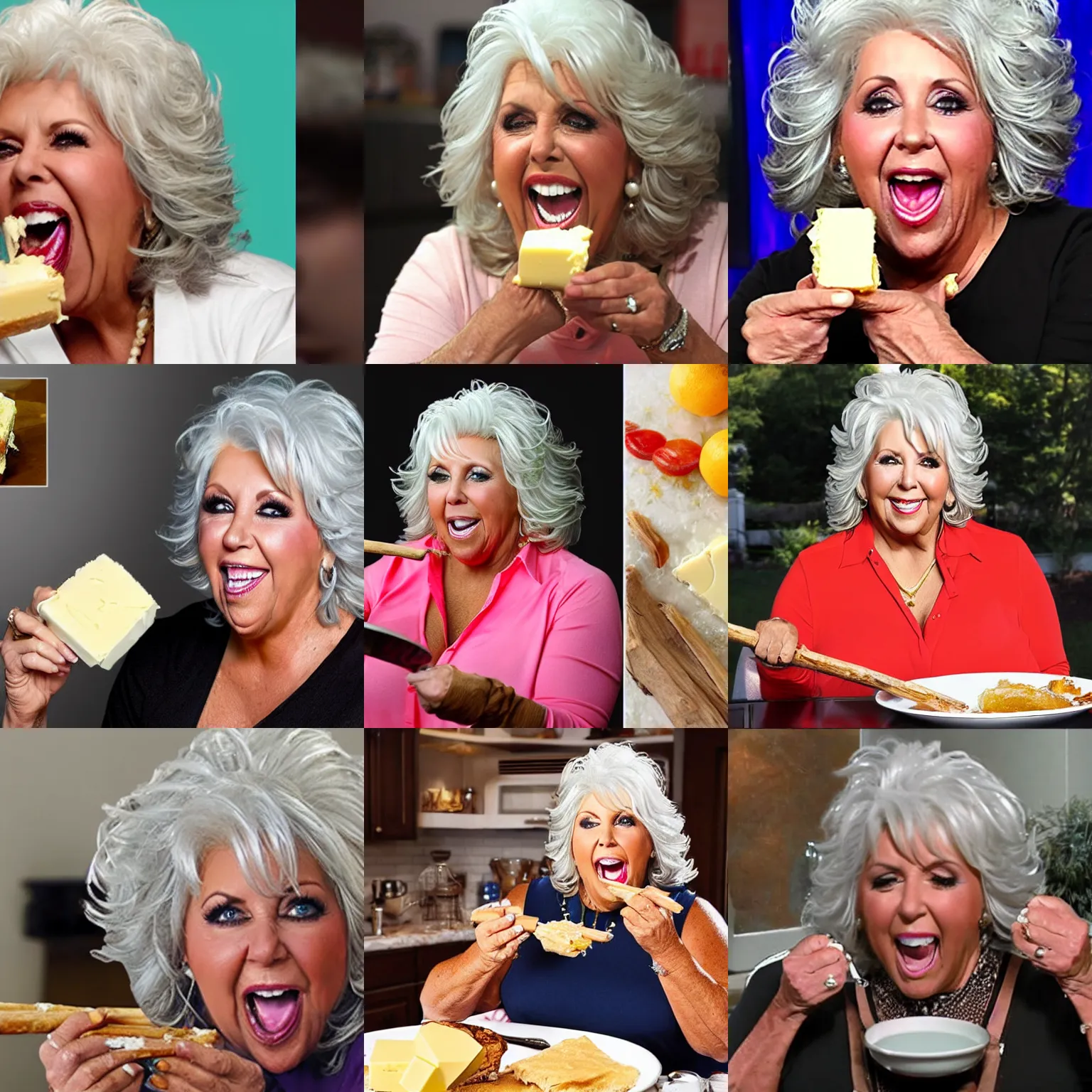 Prompt: Paula Deen devouring an entire stick of butter, realistic, photo, picture, TMZ