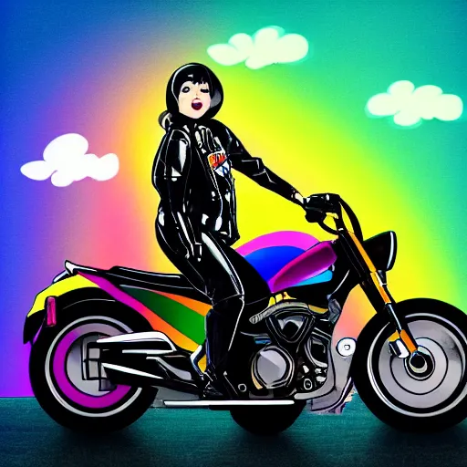 Image similar to wide angle full body, jacket wearing fluffy cute rainbow kitten wearing a black leather motorcycle jacket, riding on a motorcycle, cinematic concept art