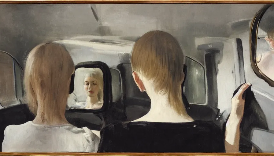 Image similar to painting by borremans, man back standing in front on the mirror and blond woman in cabriolet car sitting, detailed, stunning