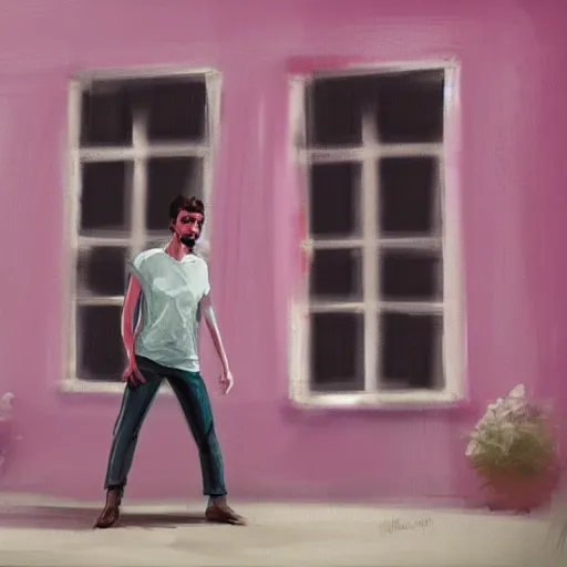 Image similar to concept art, young man in pink shirt standing by french windows, artstation