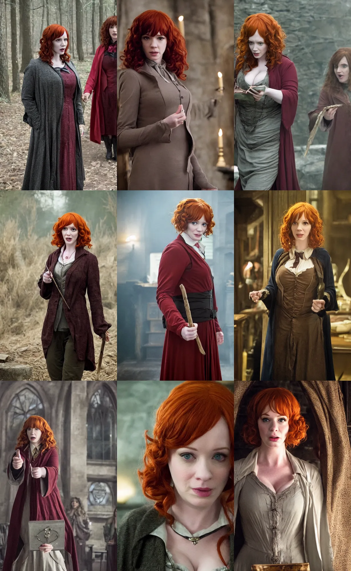 Prompt: movie still of shockked surprised christina hendricks cosplaying as harry potter from the deathly hallows, directed by david yates