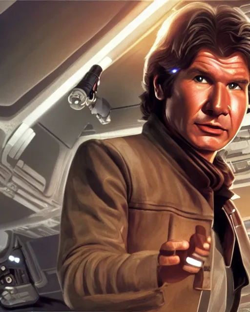 Prompt: the most amazing dream you ever had about han solo, harrison ford,, star wars, gta v, hyper realistic, ambient lighting, concept art, intricate, hyper detailed, smooth, volumetric lighting, george lucas, ralph mcquarrie, octane