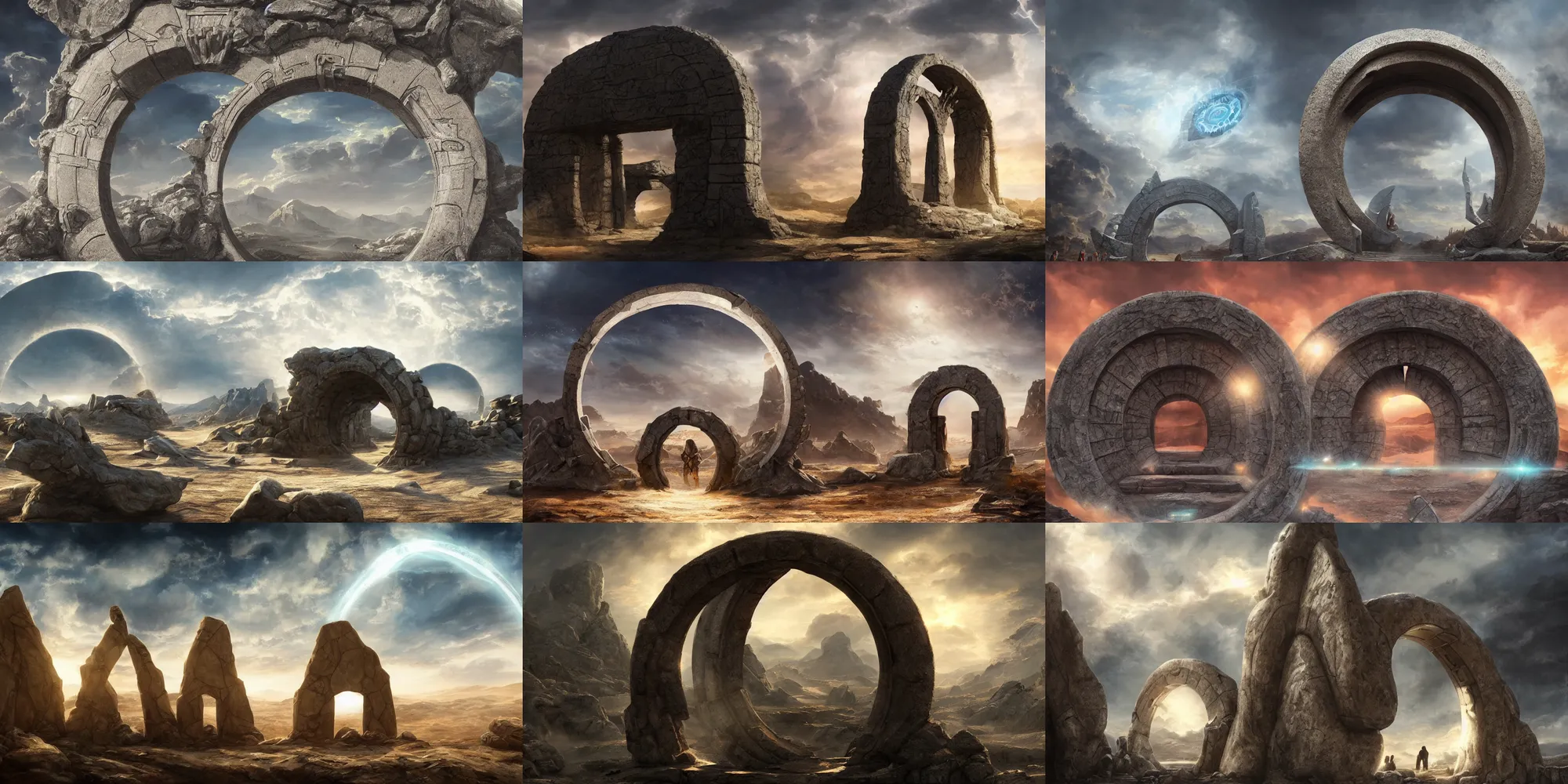 Prompt: stargate made of stone that form a circle, cinematic view, epic sky, classical painting, fantasy, trending on artstation