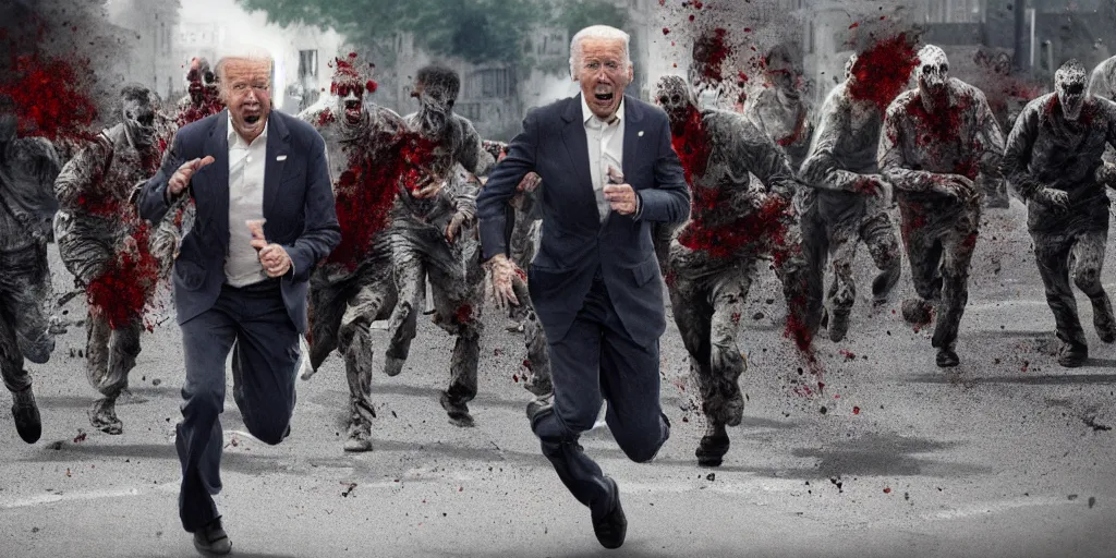 Image similar to movie still of joe biden running away from a hoard of infected zombies on the white house lawn in the movie 2 8 days later, detailed, real, cinematic, 8 k, featured on artstation, detailed faces