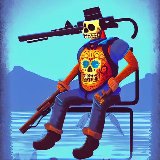 Image similar to digital art, trending on artstation, manny calavera sitting with a rifle, in a cabin, on a lake, sunrise, grim fandango style,