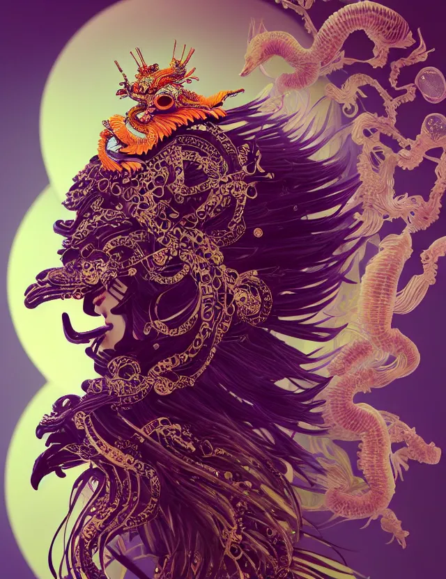 Image similar to 3 d goddess close - up profile portrait with crown, ram skull. beautiful intricately detailed japanese crow kitsune mask and clasical japanese kimono. betta fish, jellyfish phoenix, bio luminescent, plasma, ice, water, wind, creature, artwork by tooth wu and wlop and beeple and greg rutkowski