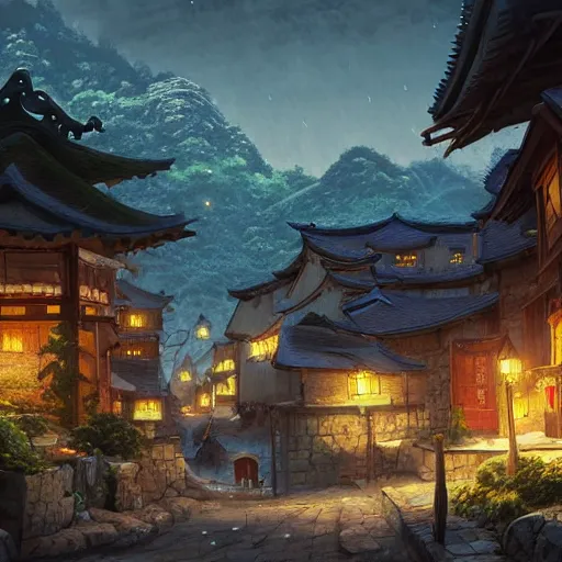 Image similar to concept art painting of a cozy village at night in a mountainous forested valley, historic european and japanese architecture, realistic, detailed, cel shaded, in the style of makoto shinkai and greg rutkowski and james gurney