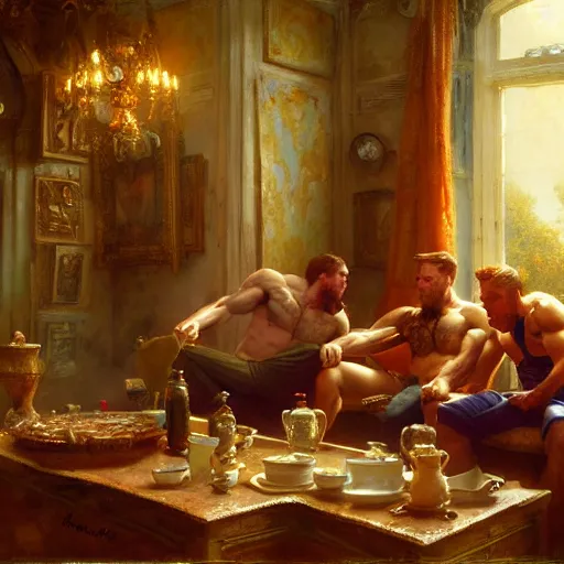 Image similar to attractive muscular mike with ginger hair with attractive tyler with brunet hair, drinking their hearts out, in their noble mansion. image defined to the maximum, highly detailed painting by gaston bussiere, craig mullins 8 k