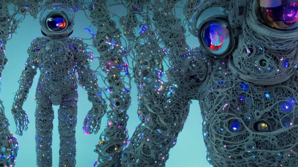 Image similar to a cybernetic symbiosis of a single astronaut mech-organic eva suit made of pearlescent wearing knitted shiny ceramic multi colored yarn thread infected with diamond 3d fractal lace iridescent bubble 3d skin dotted covered with orb stalks of insectoid compound eye camera lenses floats through the living room, film still from the movie directed by Denis Villeneuve with art direction by Salvador Dalí, wide lens,kevlar,carbon fiber,ceramics,gaseous materials,