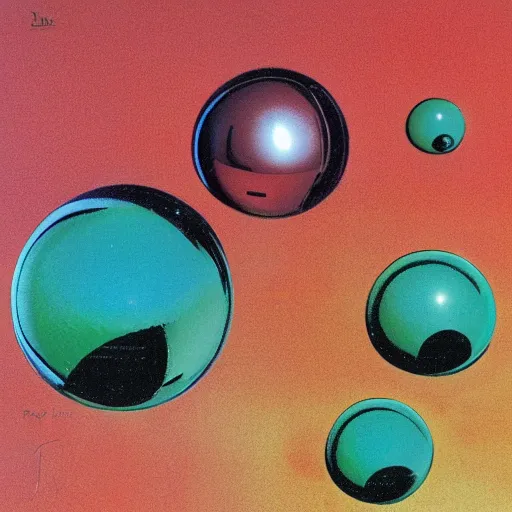 Prompt: chrome spheres on a red cube by roger dean