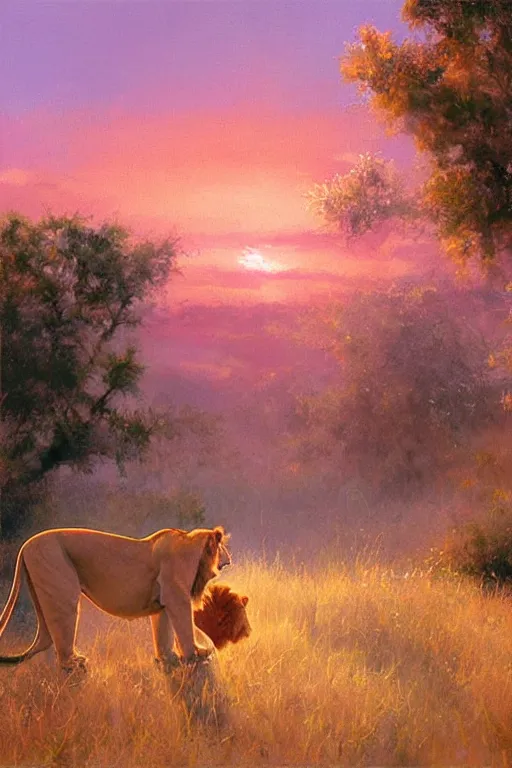 Image similar to spiritual twin flame lioness and lion art pink sunset hue highly detailed oil painting hue by craig mullins