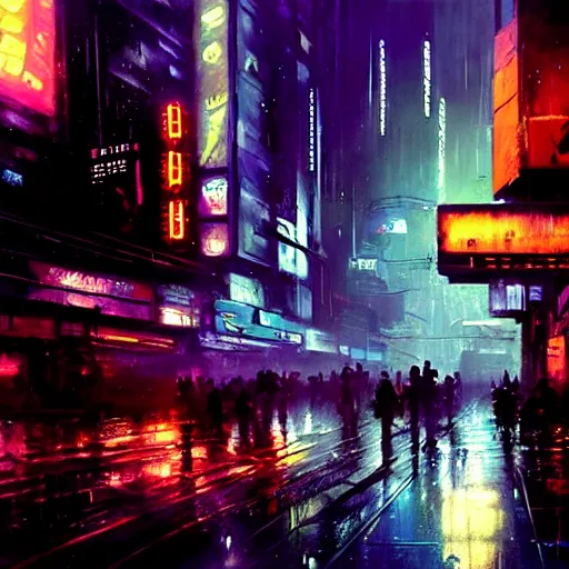 Image similar to photo of a rundown seedy futuristic city scene at night with bright neon lights, raining, bladerunner, sci fi splash art by craig mullins, greg rutkowski