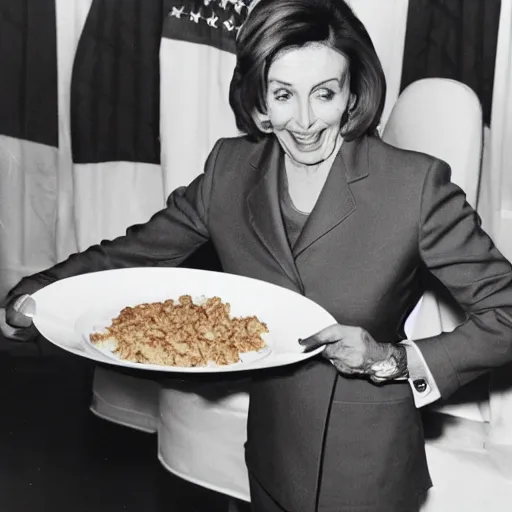 Image similar to a photograph of nancy pelosi wearing an army uniform while eating a large plate filled with scrambled eggs