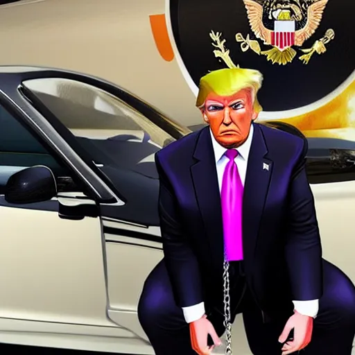 Image similar to donald trump sitting next to a roll's royce, gta 5 artwork, gold chain necklace, purple suit