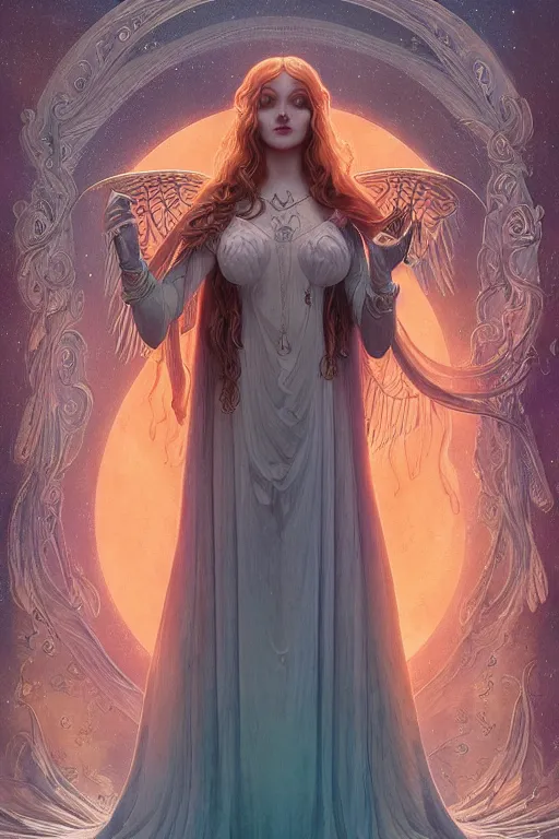 Image similar to Angelic beauty in the moonlight, the Tyndal effect, Art Nouveau Cosmic 4k Detailed Matte Illustration featured on Getty Images ,CGSociety, Jade and Carrot orange color scheme, Pastiche by Marc Simonetti, Pastiche by Cedric Peyravernay