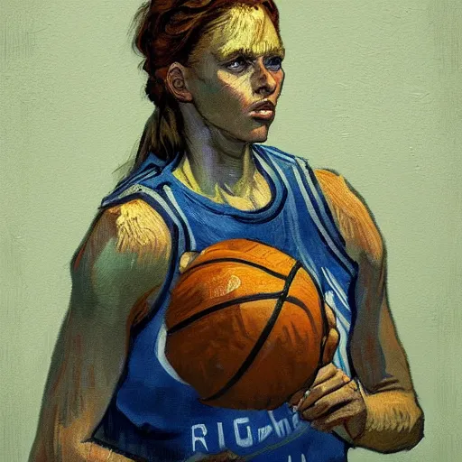 Image similar to painting of an woman basketball player, a van gogh style, greg rutkowski, jared chavez artstation