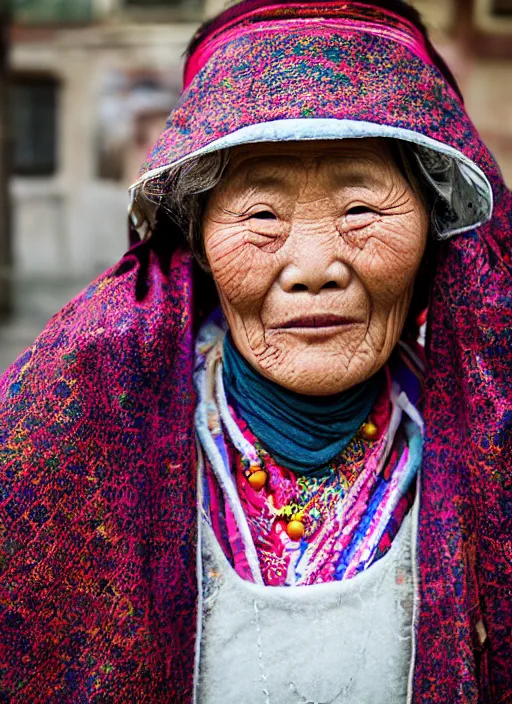 Image similar to Mid-shot portrait of a 70-year-old woman from Tibet wearing a traditional outfit, candid street portrait in the style of Martin Schoeller award winning, Sony a7R