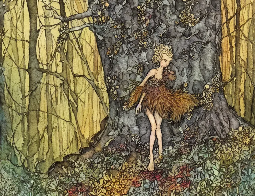 Image similar to fae bear in the lichen woods. this watercolor and gold leaf work by the award - winning comic artist has a beautiful composition and intricate details.