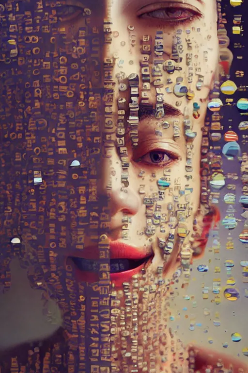 Image similar to 3 d, close - up, smiling fashion model, newspaper, tears, poster art, intricate oil painting, high detail, figurative art, multiple exposure, poster art, 3 d, by stanley kubrick and tooth wu and wlop and beeple