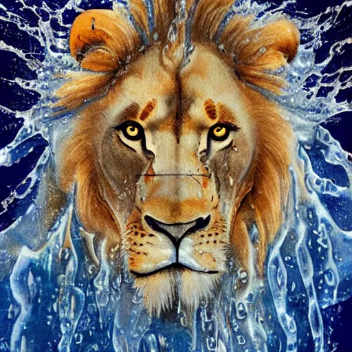 Image similar to a male lion's face breaching through a wall of water, water sprites, splashing, deep blue water color, highly detailed