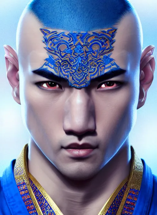 Image similar to male martial artist with a mostly shaved head and a high ponytail!!! asian facial features and blue eyes!! intricate ornate blue robes!! character concept art, sharp focus, octane render! unreal engine 5! highly rendered!! trending on artstation!! detailed linework!! illustration by artgerm, wlop, and chie yoshii