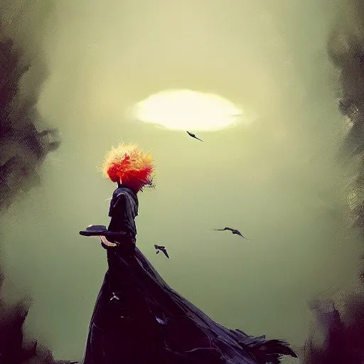 Image similar to morning, a woman in a black dress with a raven head. no face. sun, cinematic, clouds, vogue cover style, contracting colors mood, realistic painting, intricate oil painting, high detail, figurative art, poster art, by simon bisley, ismail inceoglu, wadim kashin, filip hodas. pixar theme.